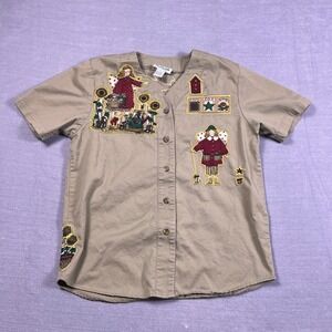 The Quacker Factory Button Up Shirt Angel Sunflower Embroidered Womens Small Tan